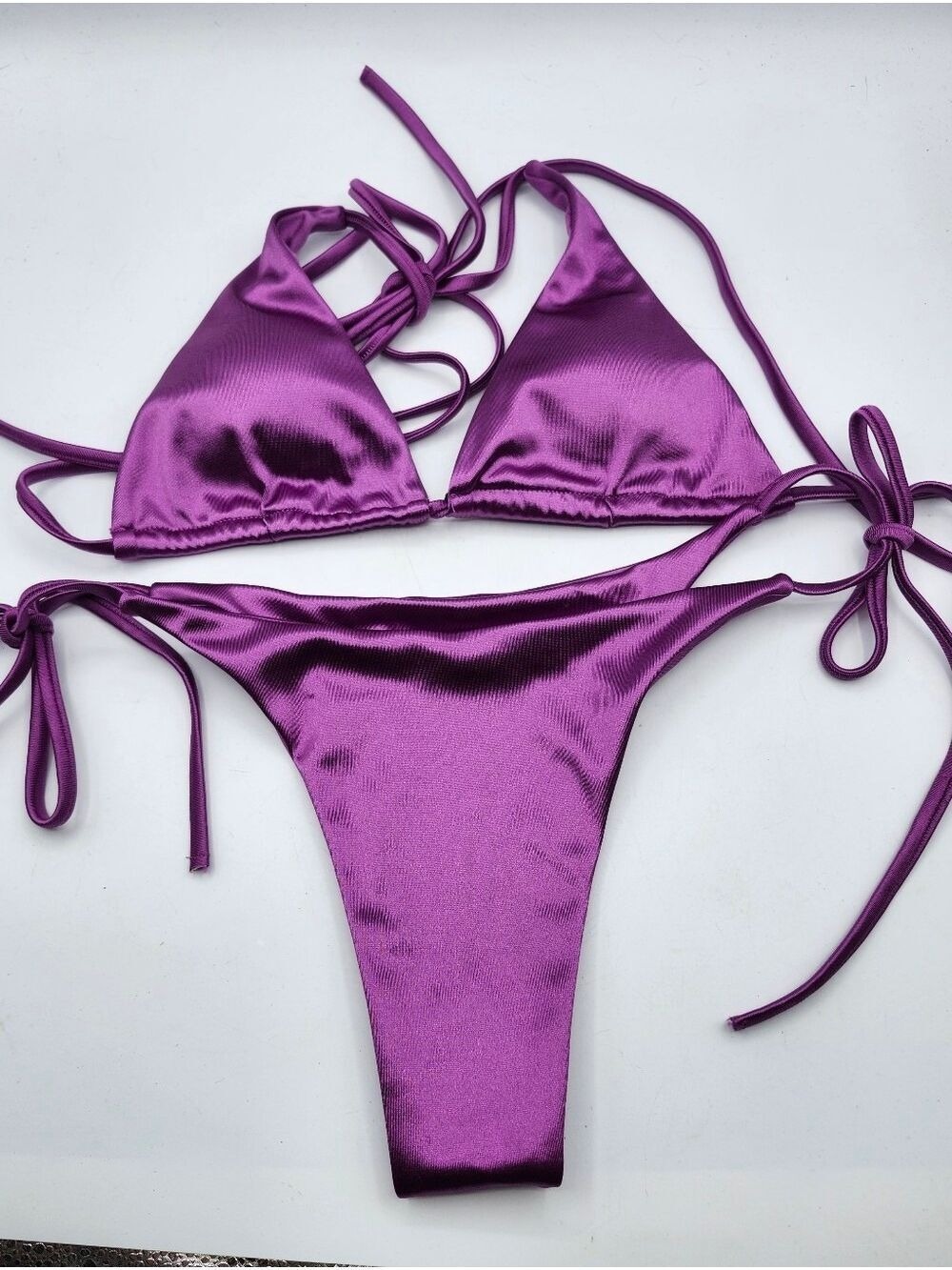 Source Unknown Shiny Purple Satin Triangle Tie-Side Bikini